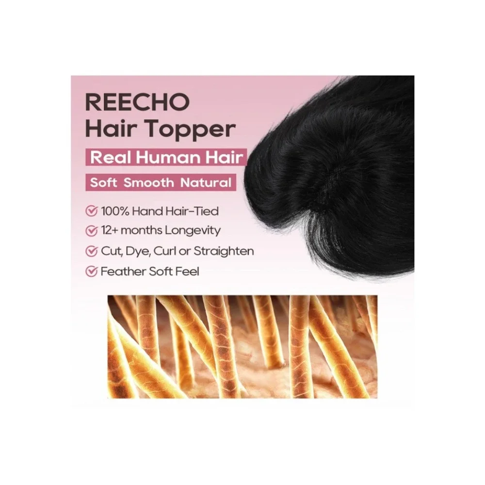 REECHO Real Human Hair Topper with Bangs Natural Black 3D‎ Seamless Clip In 360